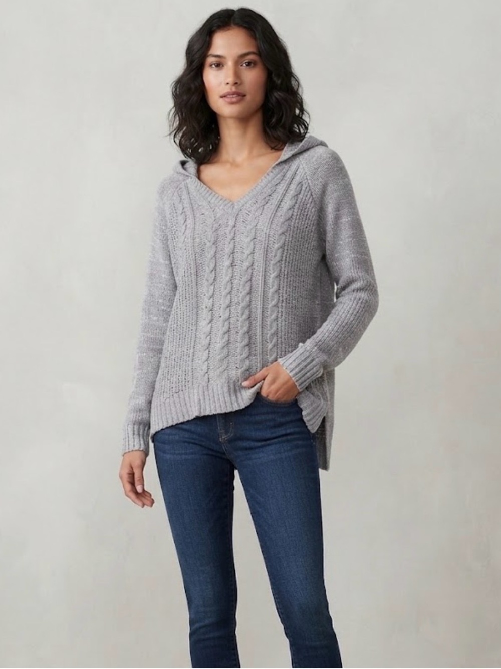 So Hooded Gray Cable Knit High-Low Sweater Large L Casual Cozy Layering